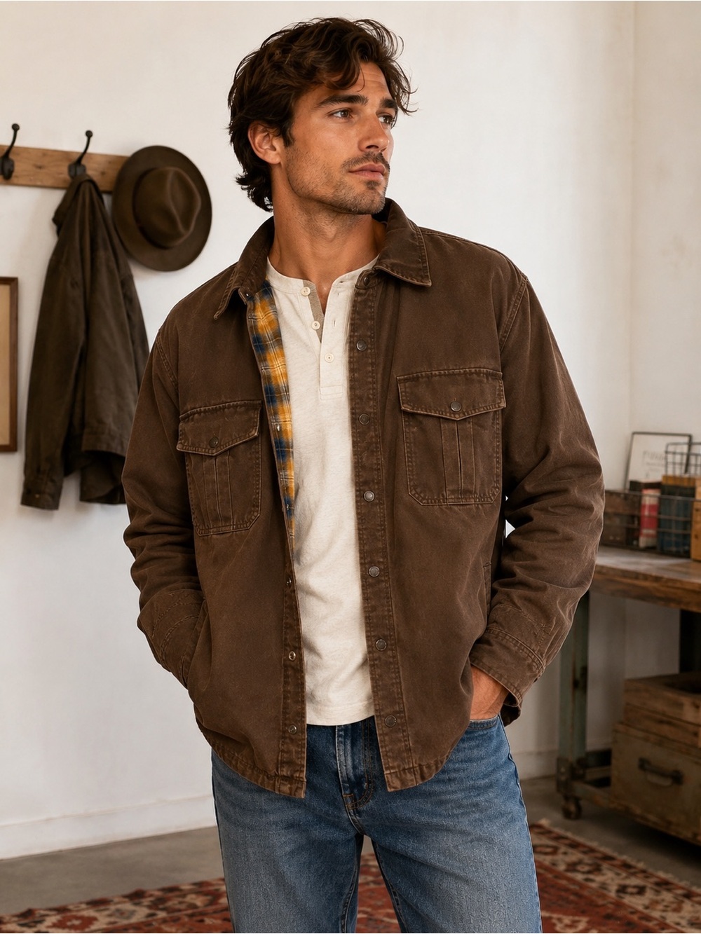 Ridgecut Brown Flannel Lined Canvas Shirt Jacket Mens XL Workwear Ranch Coat